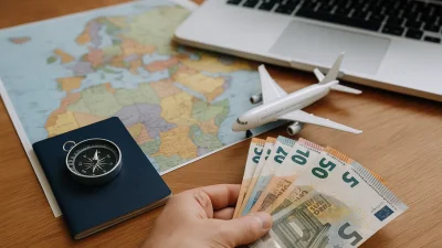 Hand hält Euro-Scheine neben Reisepass, Kompass, Flugzeugmodell und Weltkarte auf Holztisch