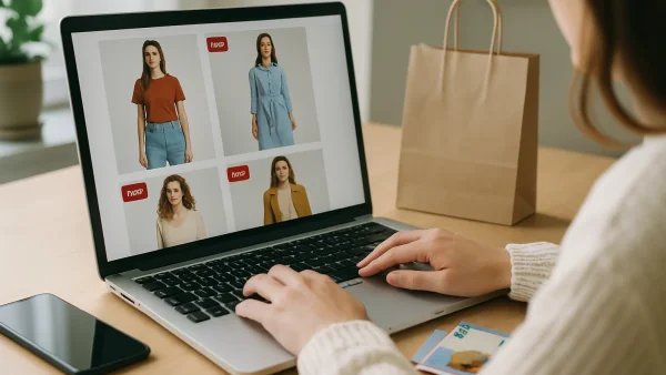 Frau sitzt am Schreibtisch und schaut sich Kleidungsangebote auf einem Laptop an