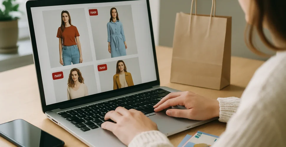 Frau sitzt am Schreibtisch und schaut sich Kleidungsangebote auf einem Laptop an