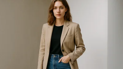 Frau in Beige-Blazer und schwarzem Top mit Jeans vor neutralem Hintergrund