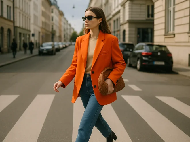 Stilvolle Frau trägt aktuelle Modetrends der Saison 2026 auf der Straße