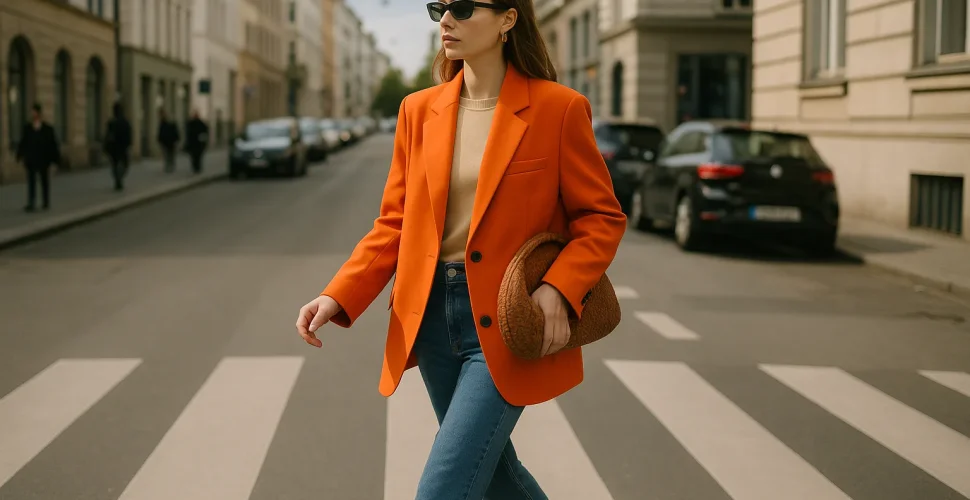 Stilvolle Frau trägt aktuelle Modetrends der Saison 2026 auf der Straße